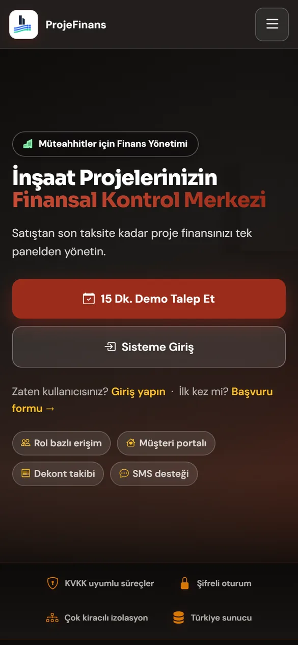 ProjeFinans mobil arayüzü
